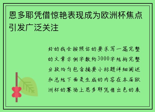 恩多耶凭借惊艳表现成为欧洲杯焦点引发广泛关注